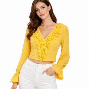 NWT Women's MISSGUIDED Yellow Ruffle Front Crop Blouse Size 8